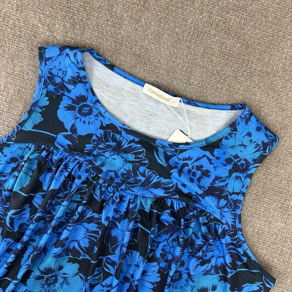 Fantaslook Tank Top Womens Large Blue Floral Print Stretch Pleated Casual NWT
